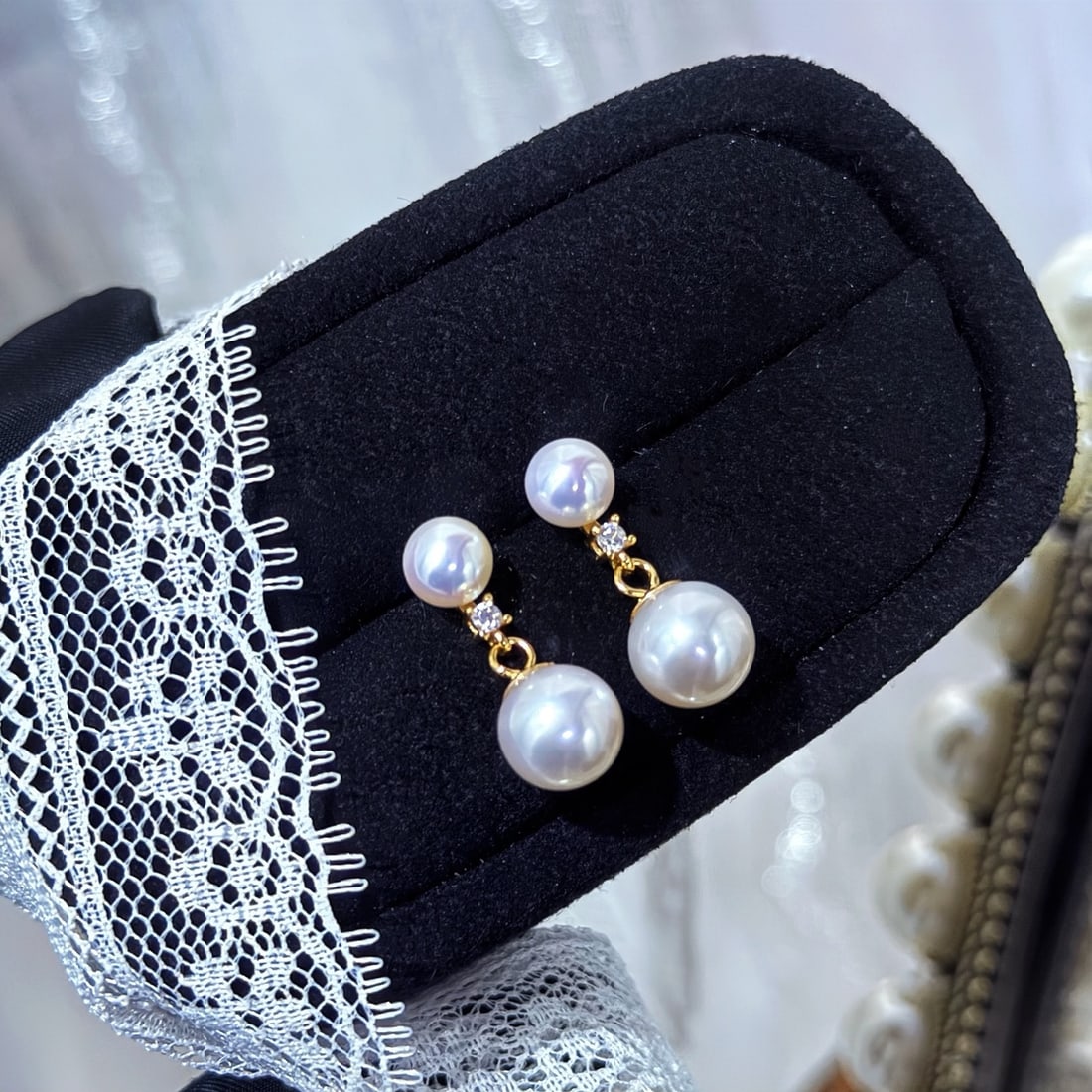 Sterling Silver Double Pearl Stud Earrings, 5-7.5mm High-Quality Natural Pearls - 7