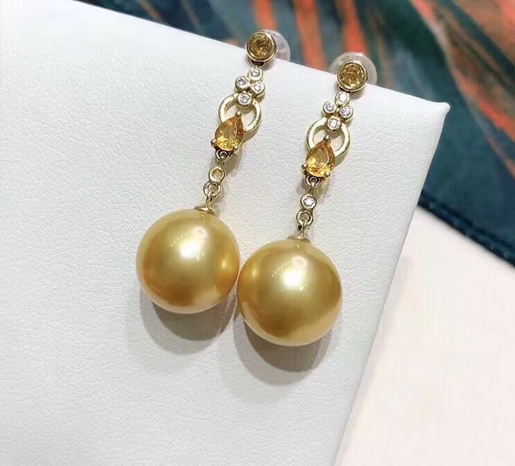 S925 Sterling Silver Earrings with 9-10mm Natural Golden Pearls - 2