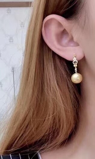 S925 Sterling Silver Earrings with 9-10mm Natural Golden Pearls - 4