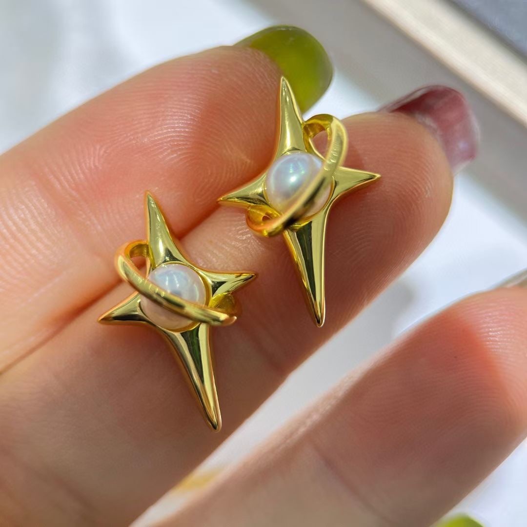 S925 Sterling Silver Four-Point Star Earrings with 4-5mm Akoya Pearls - 2