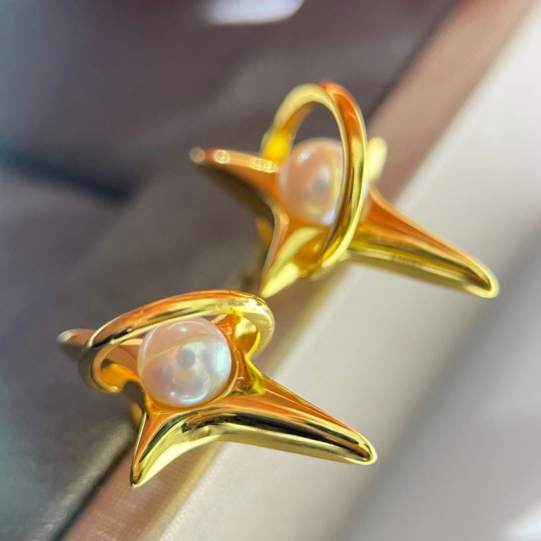 S925 Sterling Silver Four-Point Star Earrings with 4-5mm Akoya Pearls - 3