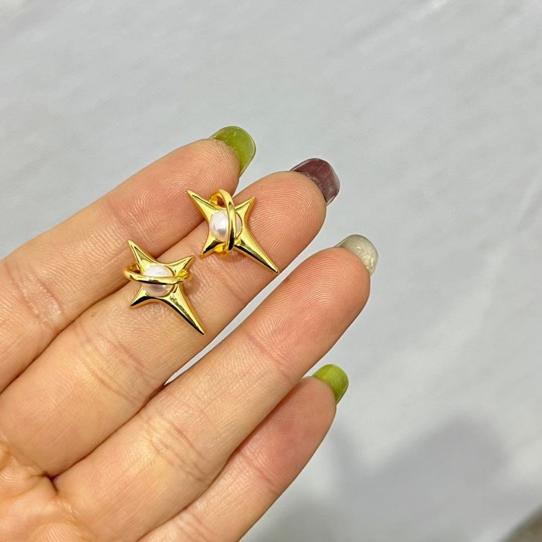 S925 Sterling Silver Four-Point Star Earrings with 4-5mm Akoya Pearls - 4