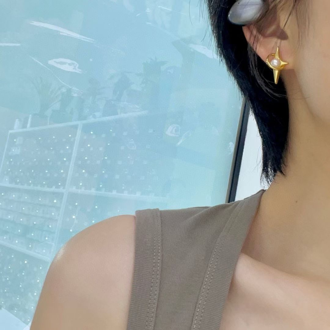 S925 Sterling Silver Four-Point Star Earrings with 4-5mm Akoya Pearls - 5