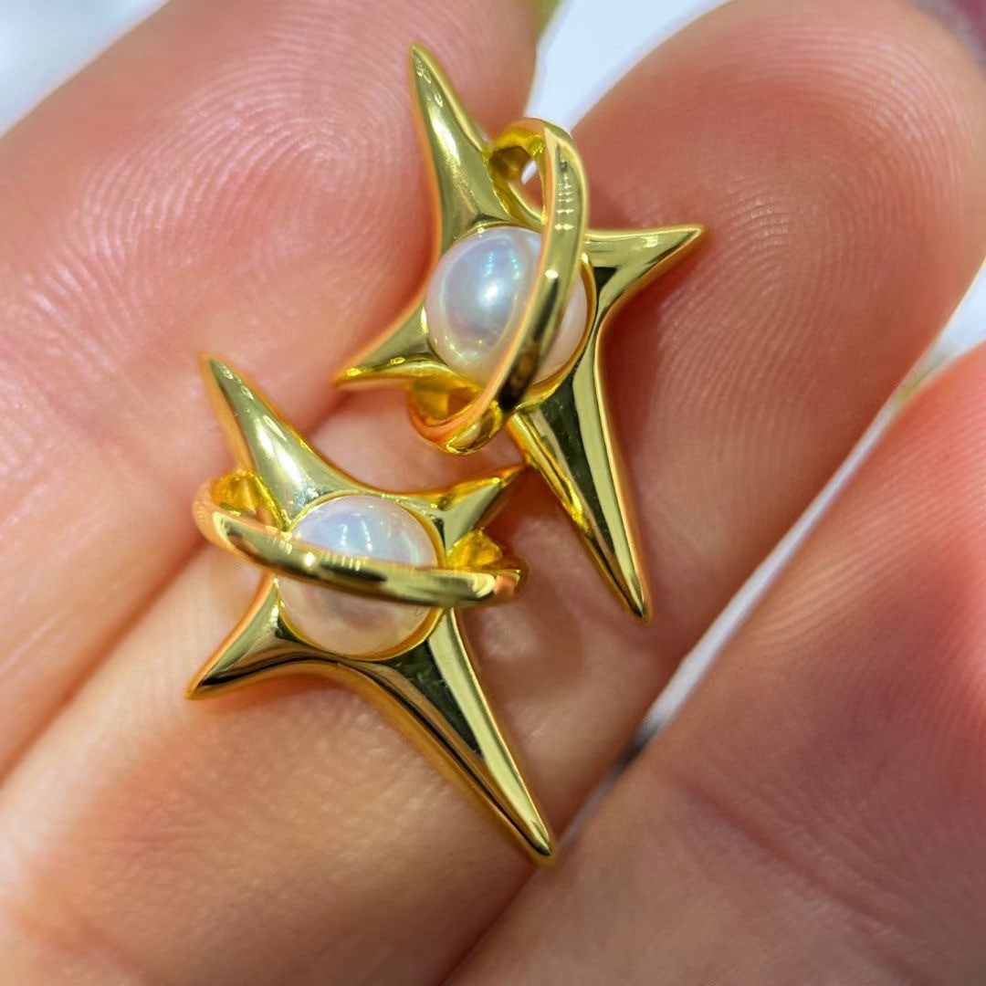 S925 Sterling Silver Four-Point Star Earrings with 4-5mm Akoya Pearls - 7