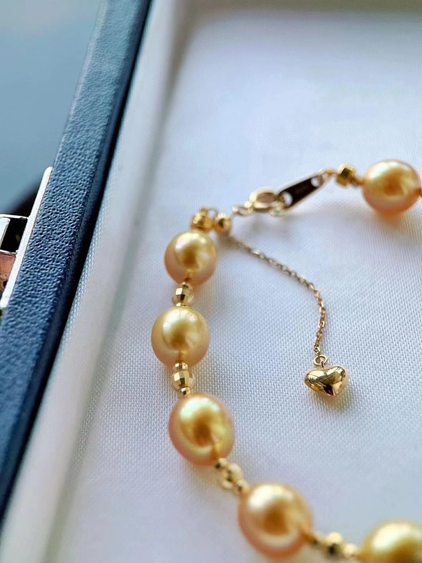 18K Gold Pearl Bracelet with 7-8mm Dark Golden Pearls and 16+3cm Adjustable Chain - 2
