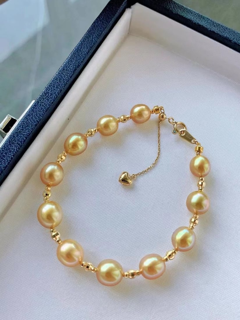18K Gold Pearl Bracelet with 7-8mm Dark Golden Pearls and 16+3cm Adjustable Chain - 5