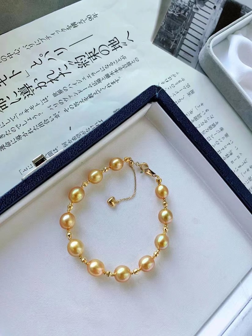 18K Gold Pearl Bracelet with 7-8mm Dark Golden Pearls and 16+3cm Adjustable Chain - 6