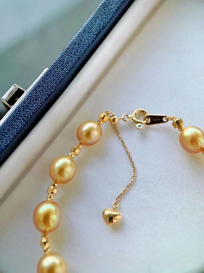 18K Gold Pearl Bracelet with 7-8mm Dark Golden Pearls and 16+3cm Adjustable Chain - 7