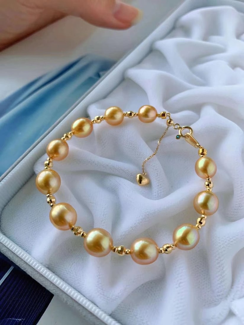 18K Gold Pearl Bracelet with 7-8mm Dark Golden Pearls and 16+3cm Adjustable Chain - 8