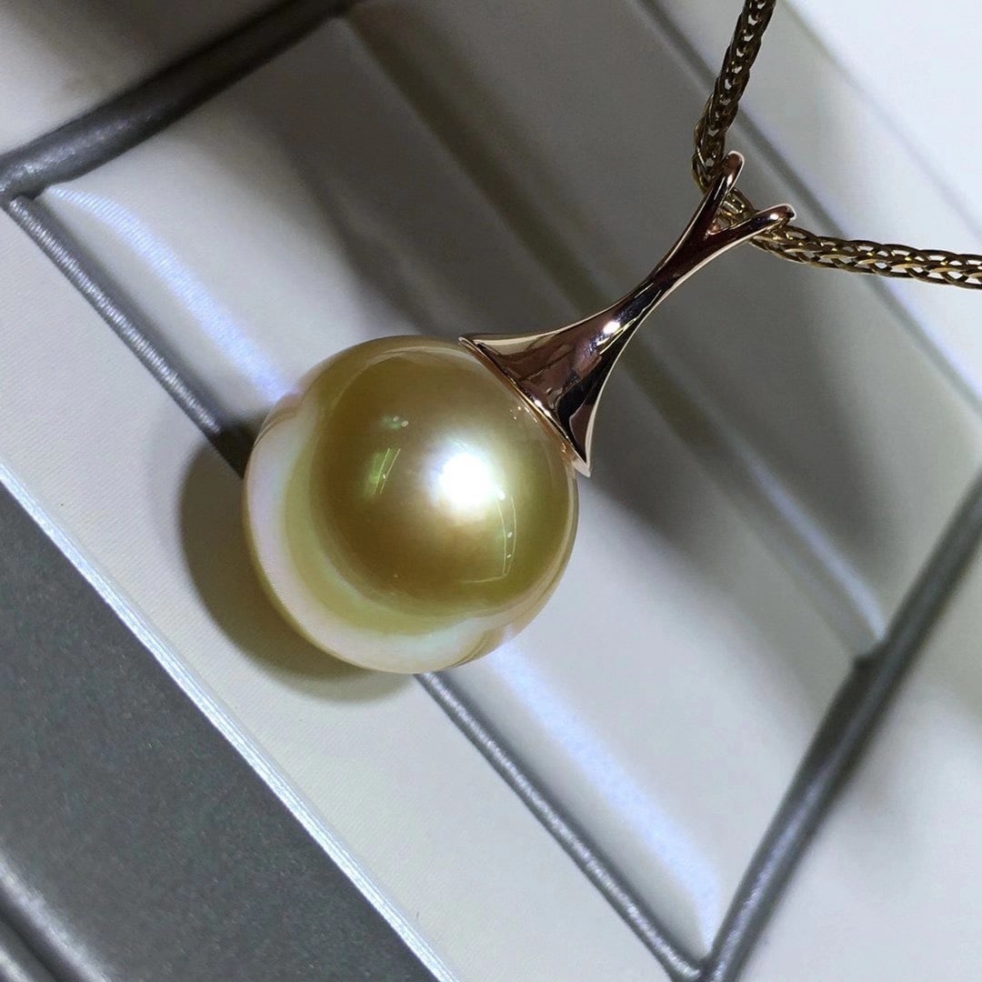 18K Gold Pendant with 12-13mm Natural South Sea Golden Pearl, Includes Silver Chain - 2