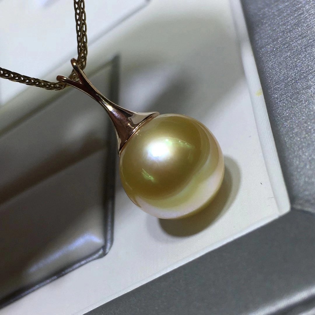 18K Gold Pendant with 12-13mm Natural South Sea Golden Pearl, Includes Silver Chain - 4