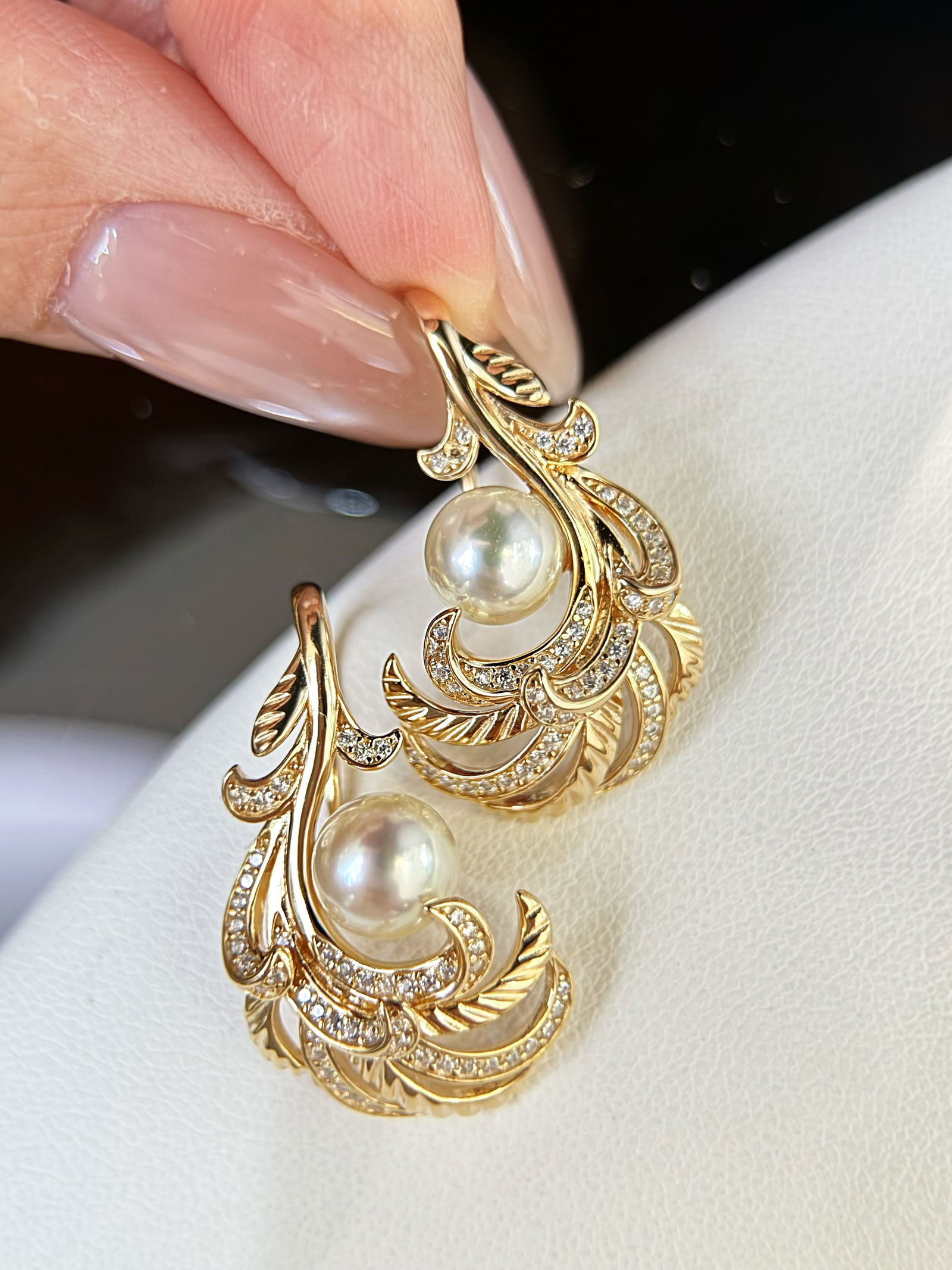 S925 Sterling Silver Akoya Pearl Feather Earrings, 7-8mm - 2