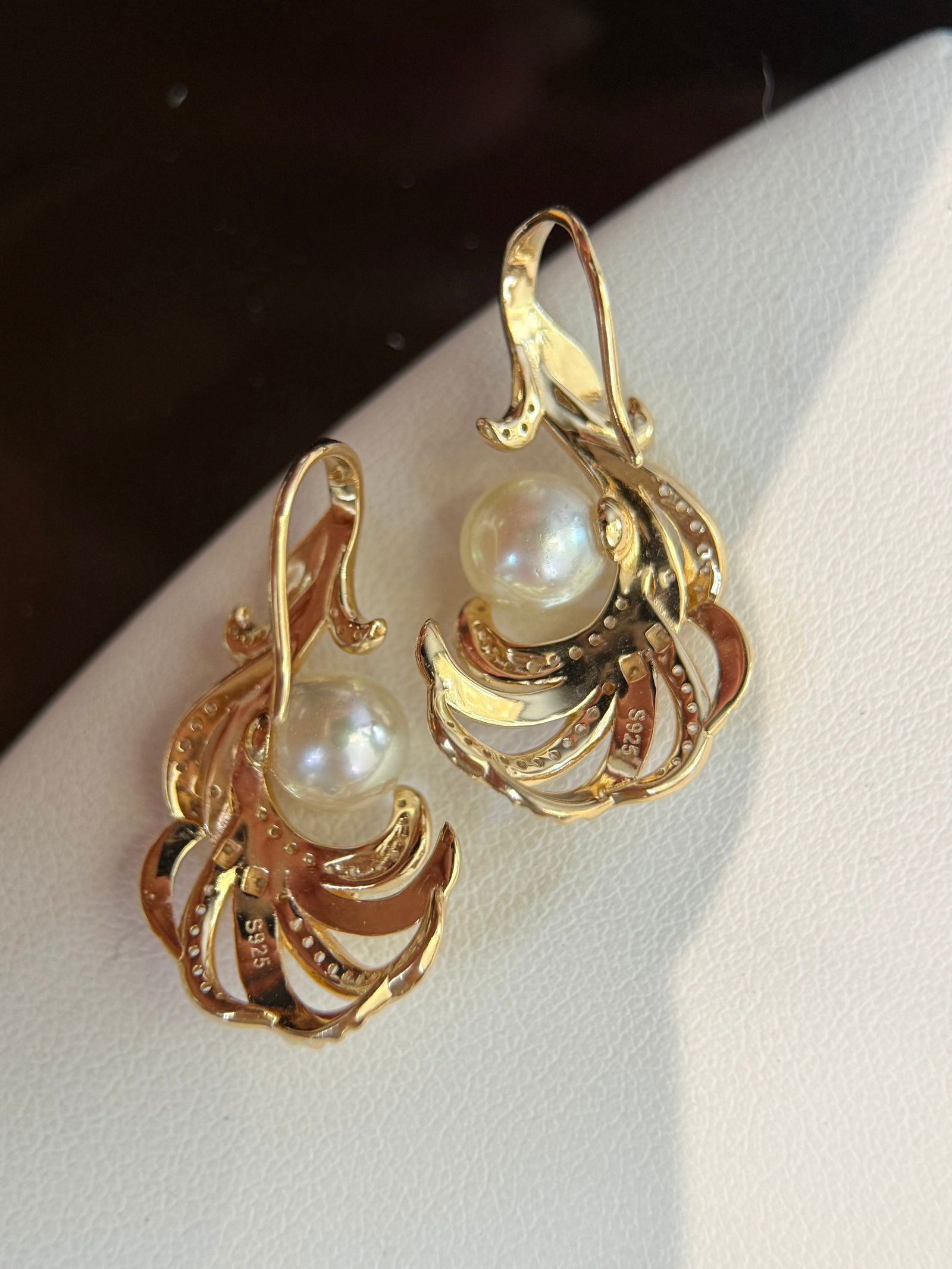 S925 Sterling Silver Akoya Pearl Feather Earrings, 7-8mm - 4