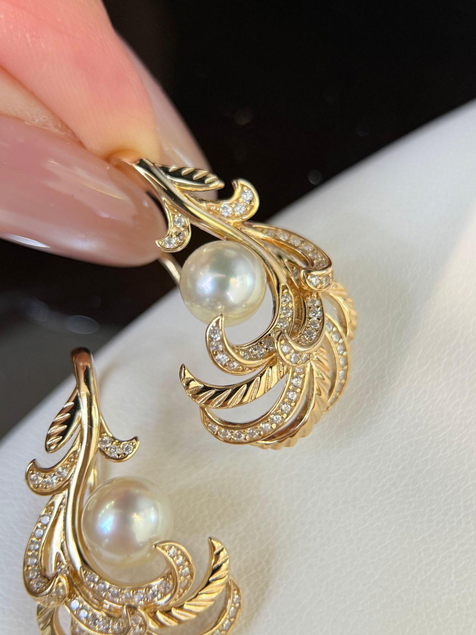 S925 Sterling Silver Akoya Pearl Feather Earrings, 7-8mm - 5