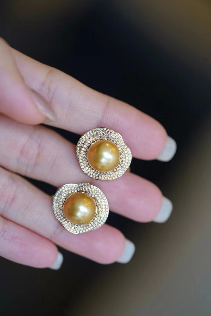 S925 Sterling Silver Camellia Earrings with 10-11mm Golden Pearls - 3