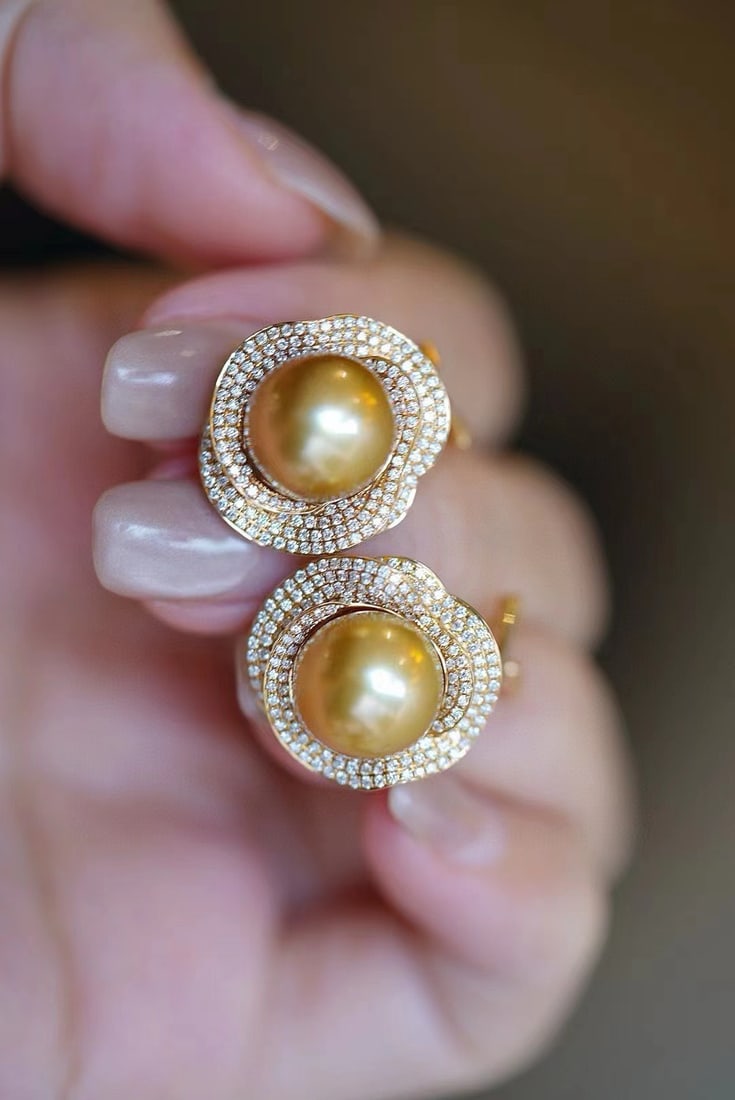 S925 Sterling Silver Camellia Earrings with 10-11mm Golden Pearls - 4