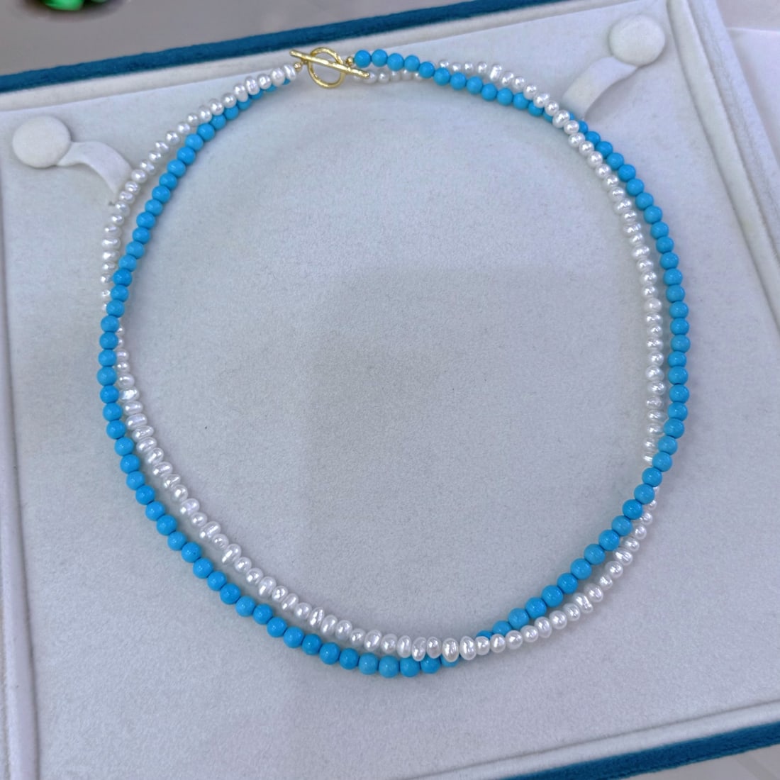 Natural White Pearl Necklace with Double Twisted Blue Pine Chain and OT Clasp - 4