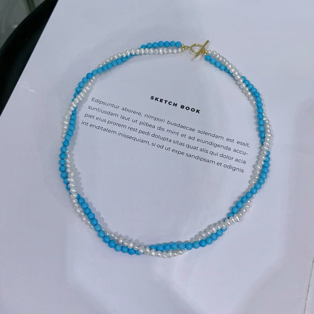 Natural White Pearl Necklace with Double Twisted Blue Pine Chain and OT Clasp - 5