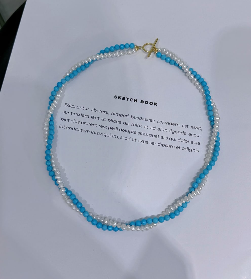 Natural White Pearl Necklace with Double Twisted Blue Pine Chain and OT Clasp - 6