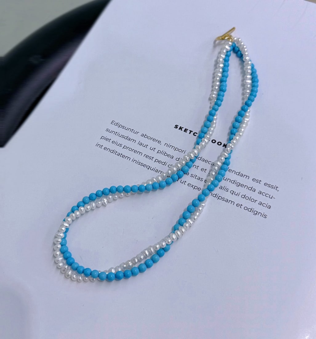 Natural White Pearl Necklace with Double Twisted Blue Pine Chain and OT Clasp - 7