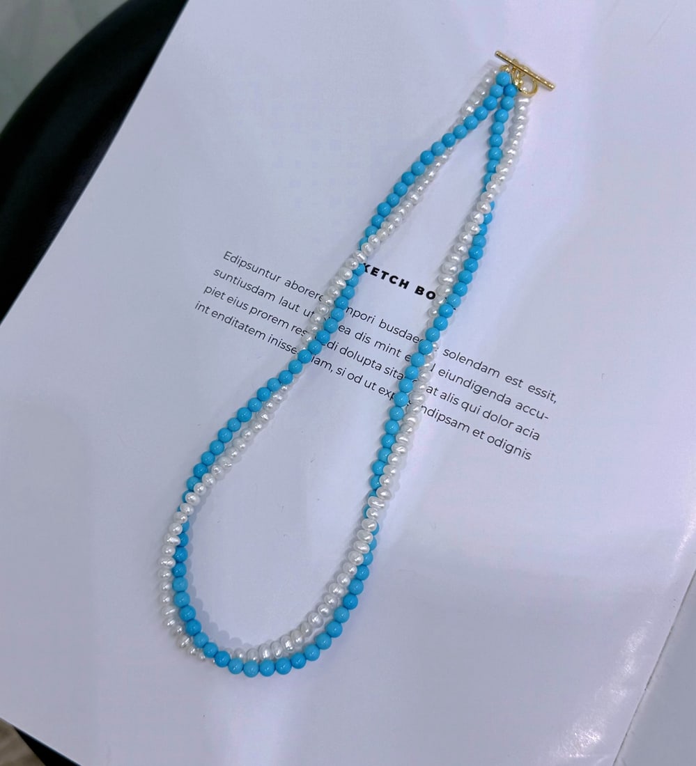 Natural White Pearl Necklace with Double Twisted Blue Pine Chain and OT Clasp - 8