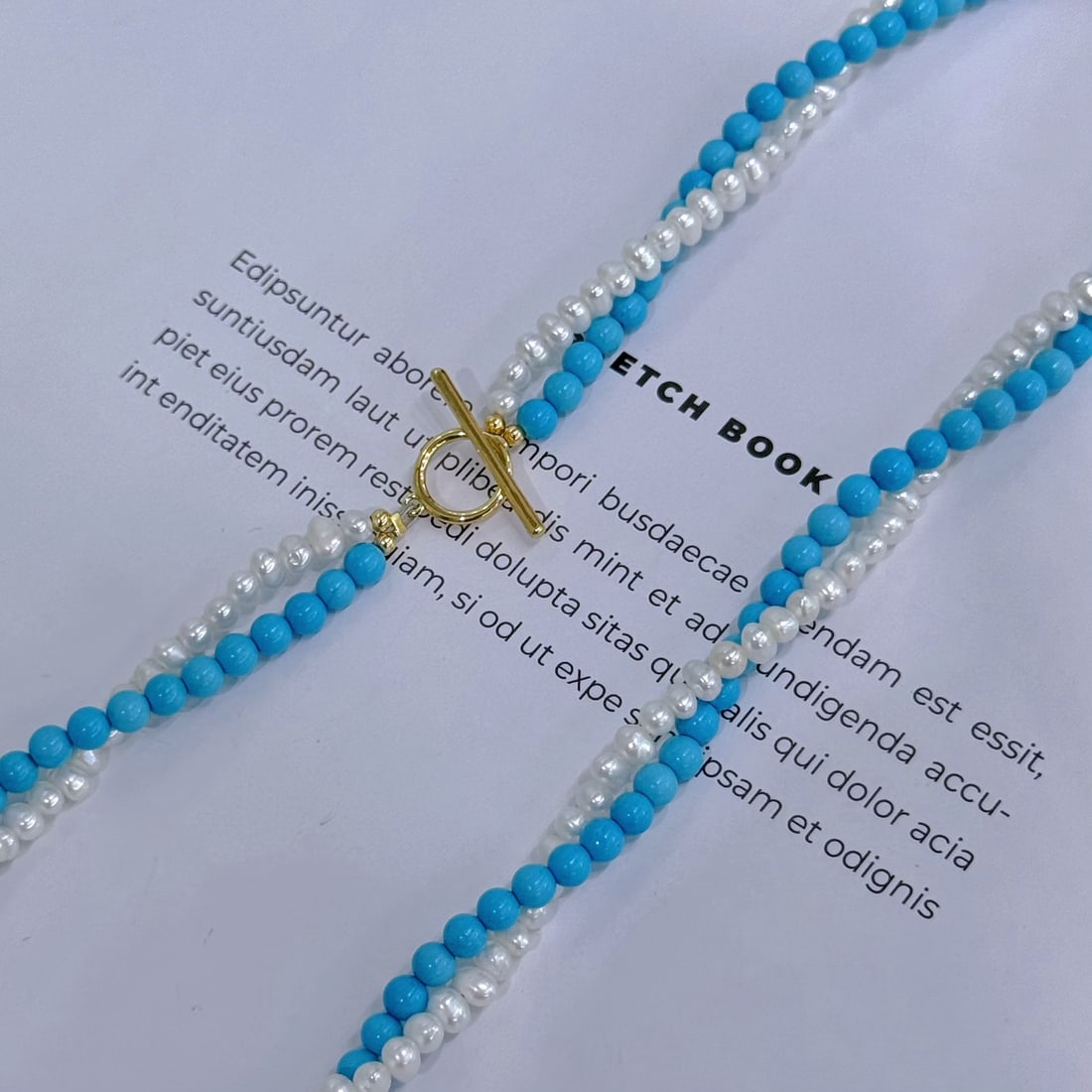 Natural White Pearl Necklace with Double Twisted Blue Pine Chain and OT Clasp - 9