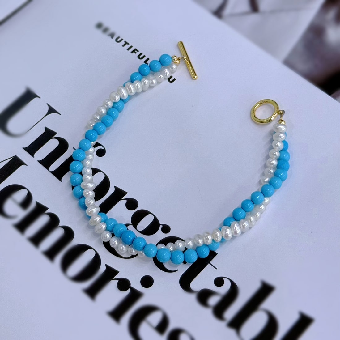 Natural White Pearl Bracelet with Double Twisted Blue Pine Chain and OT Clasp - 5