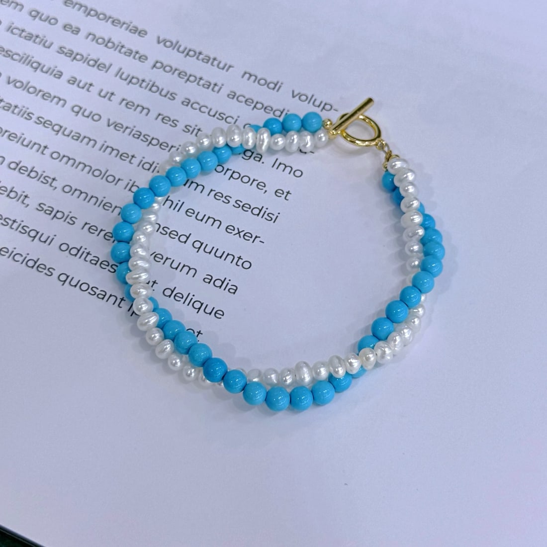 Natural White Pearl Bracelet with Double Twisted Blue Pine Chain and OT Clasp - 6