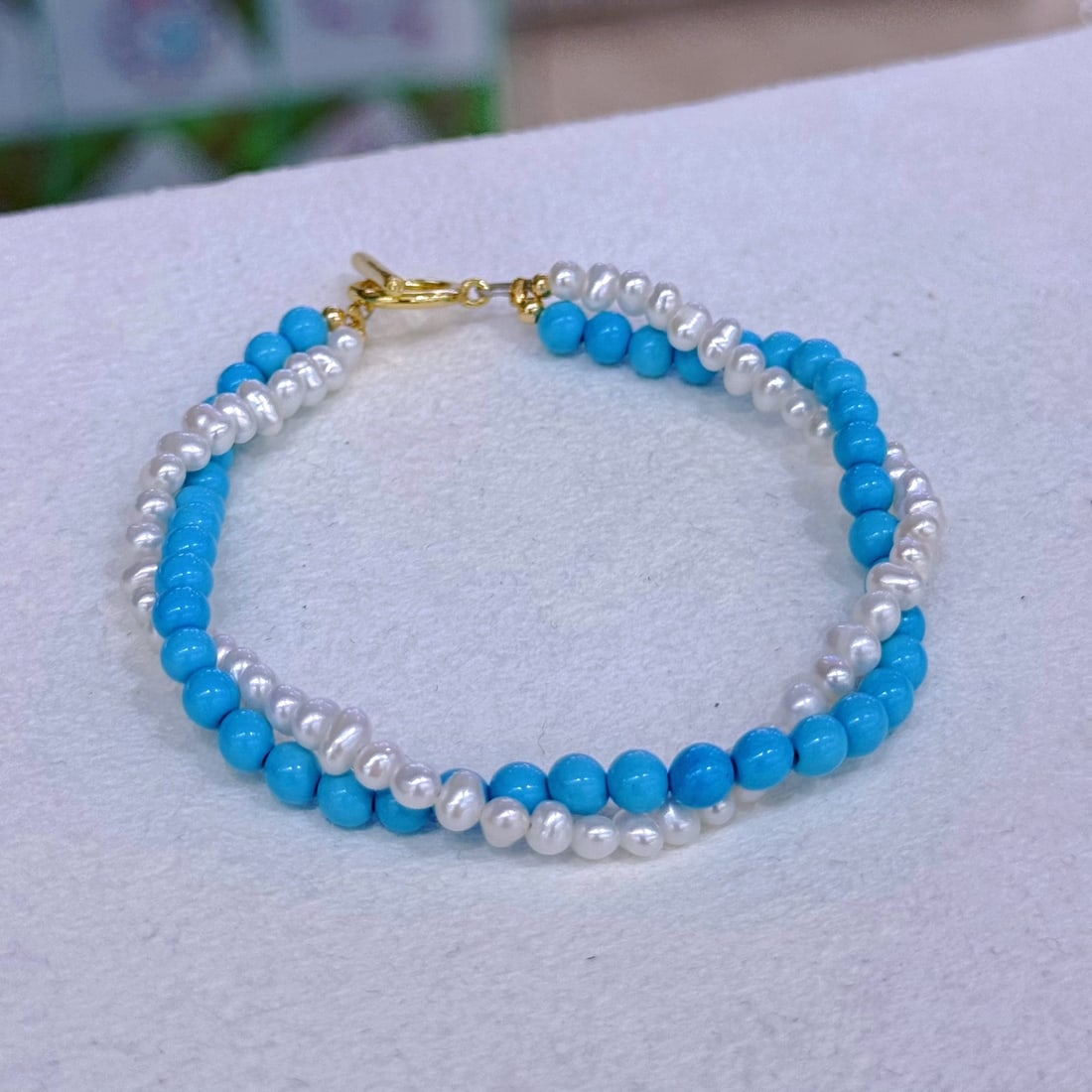 Natural White Pearl Bracelet with Double Twisted Blue Pine Chain and OT Clasp - 7