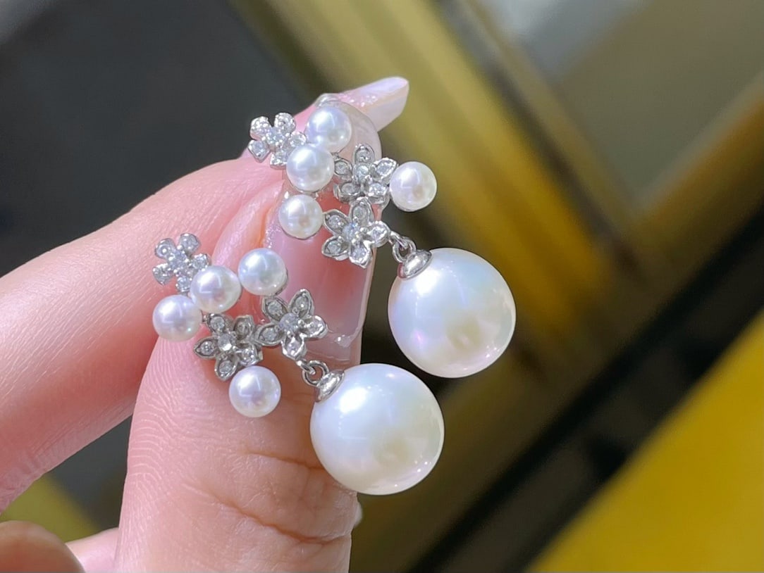 S925 Sterling Silver Earrings with 3-10mm Natural Freshwater Bulb-Shaped Pearls, Vintage Floral - 2