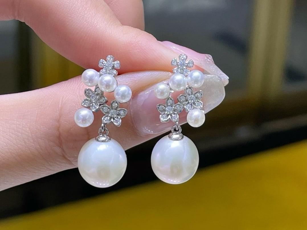 S925 Sterling Silver Earrings with 3-10mm Natural Freshwater Bulb-Shaped Pearls, Vintage Floral - 3