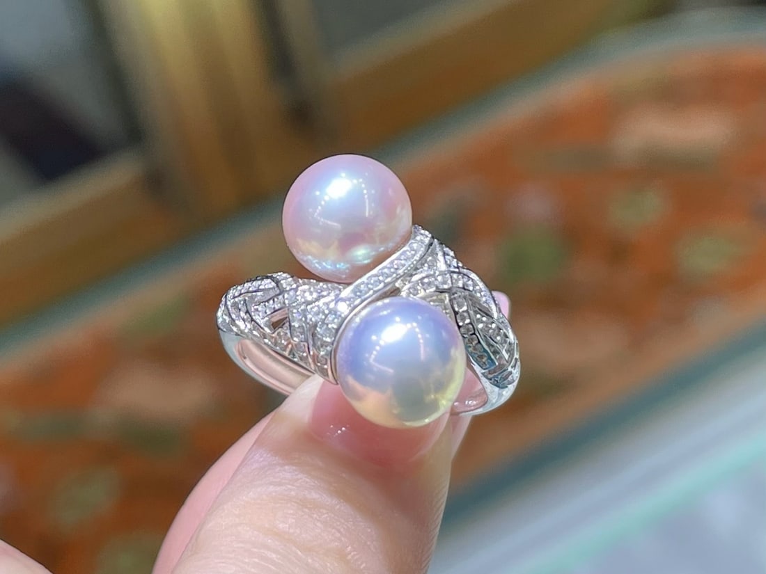 S925 Sterling Silver Ring with 8.5-9mm Natural Freshwater Double-Pearl Design - 3