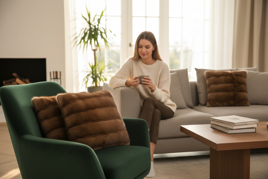 BROWN MINK FUR PILLOWS: Title: BROWN MINK FUR PILLOWS Dimensions: Size:40x38cm: 15.75inx15in. No inserts due to shipping costs; zip closure. Description: We offer in house shipping - Fedex shipping = $35; 5-7 working days; 