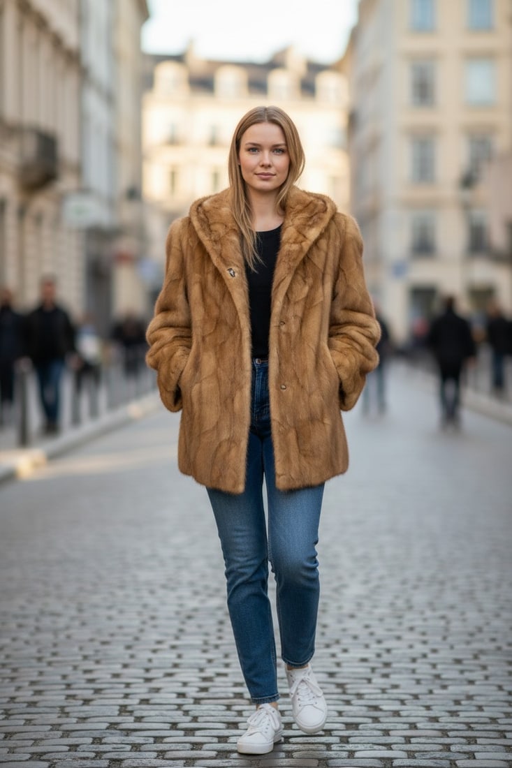 LIGHT BROWN MINK JACKET WITH HOOD EU: XL - US:20 - 2