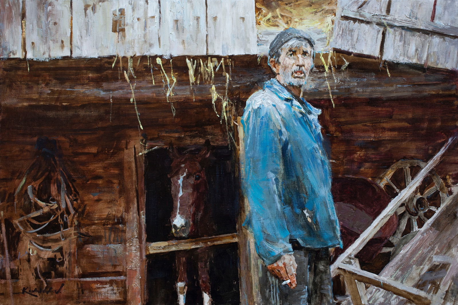 Oil painting Smoke break Ukrainian Artist: Title: Oil painting Smoke break Ukrainian Artist Description: 85KV Painter: Kovaliov V. Size: 60x90 cm/23.6x35.4 inches Components: oil, canvas Original painting from our collection ERA: 2016 Short