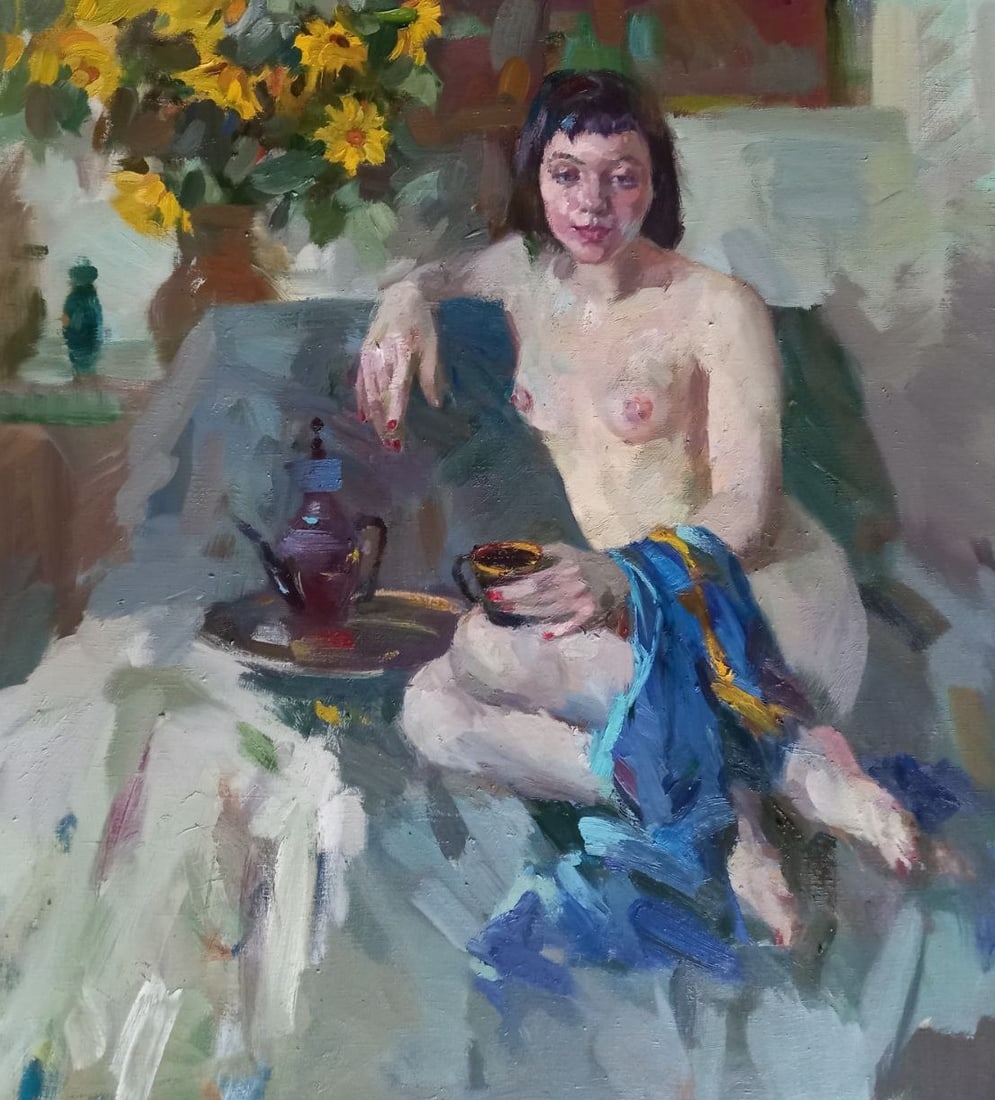 Oil painting Drinking coffee Alex Ditriev: Title: Oil painting Drinking coffee Alex Ditriev Description: 241AD Painter: Alex Ditriev Size: 100x90 cm/ 39.4x35.4 inches Components: oil, canvas Original painting from our collection ERA: Short inf