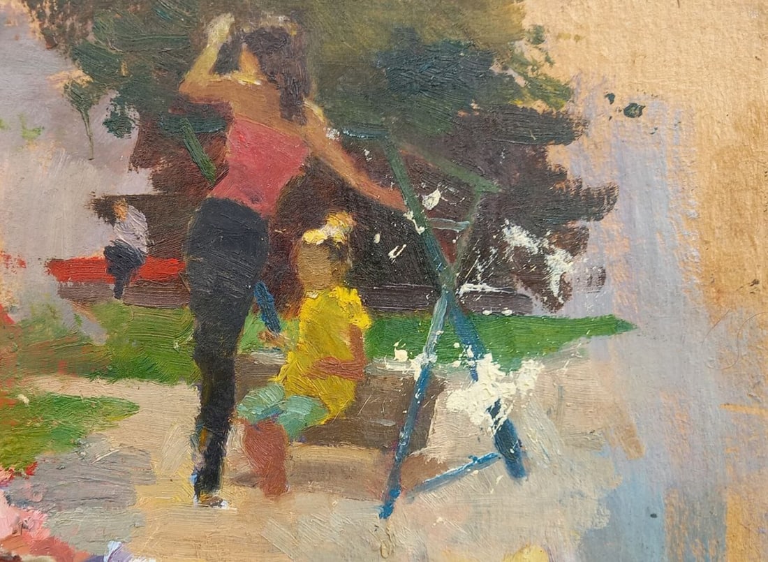 Oil painting On a walk Alex Ditriev: Title: Oil painting On a walk Alex Ditriev Description: 583AD Painter: Alex Ditriev Size:16x22 cm/ 6.30x8.66 inches Components: oil, cardboardOriginal painting from our collection ERA: Short informati