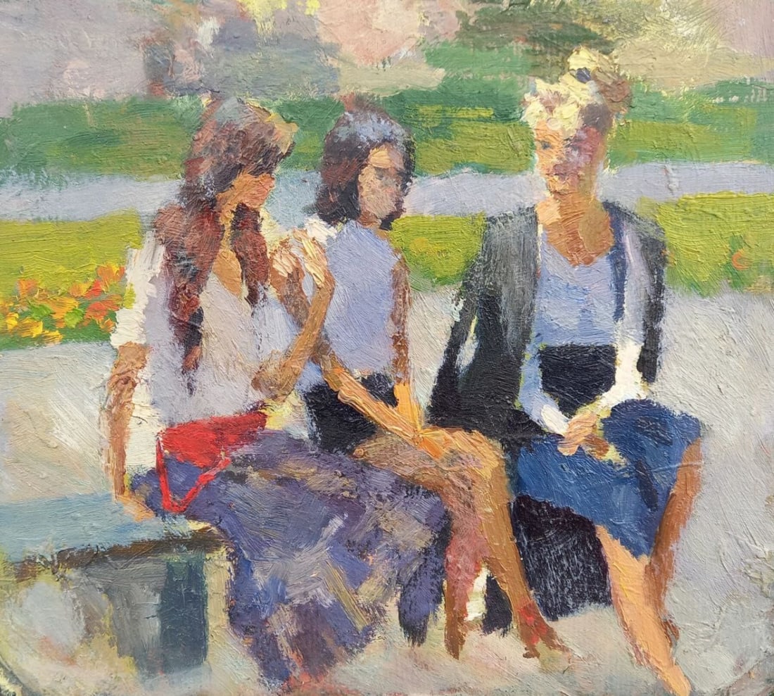 Oil painting Girlfriends Alex Ditriev: Title: Oil painting Girlfriends Alex Ditriev Description: 585AD Painter: Alex Ditriev Size:21x24 cm/ 8.27x9.45 inches Components: oil, cardboardOriginal painting from our collection ERA: Short informa