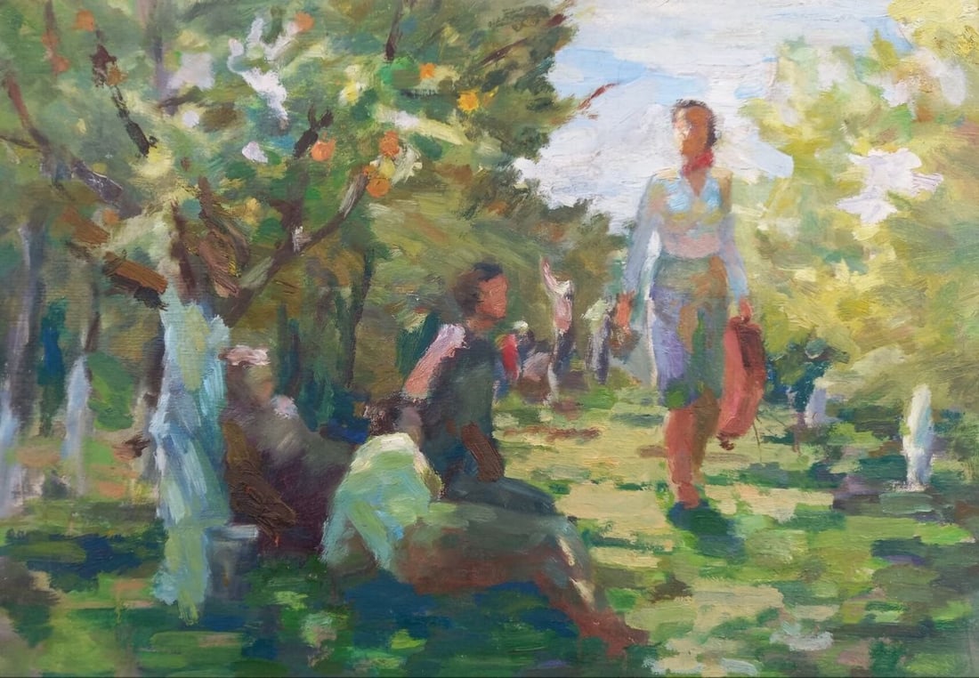 Oil painting In the garden Alex Ditriev: Title: Oil painting In the garden Alex Ditriev Description: 611AD Painter: Alex Ditriev Size:30x50 cm/ 11.81x19.68 inches Components: oil, cardboardOriginal painting from our collection ERA: Short inf