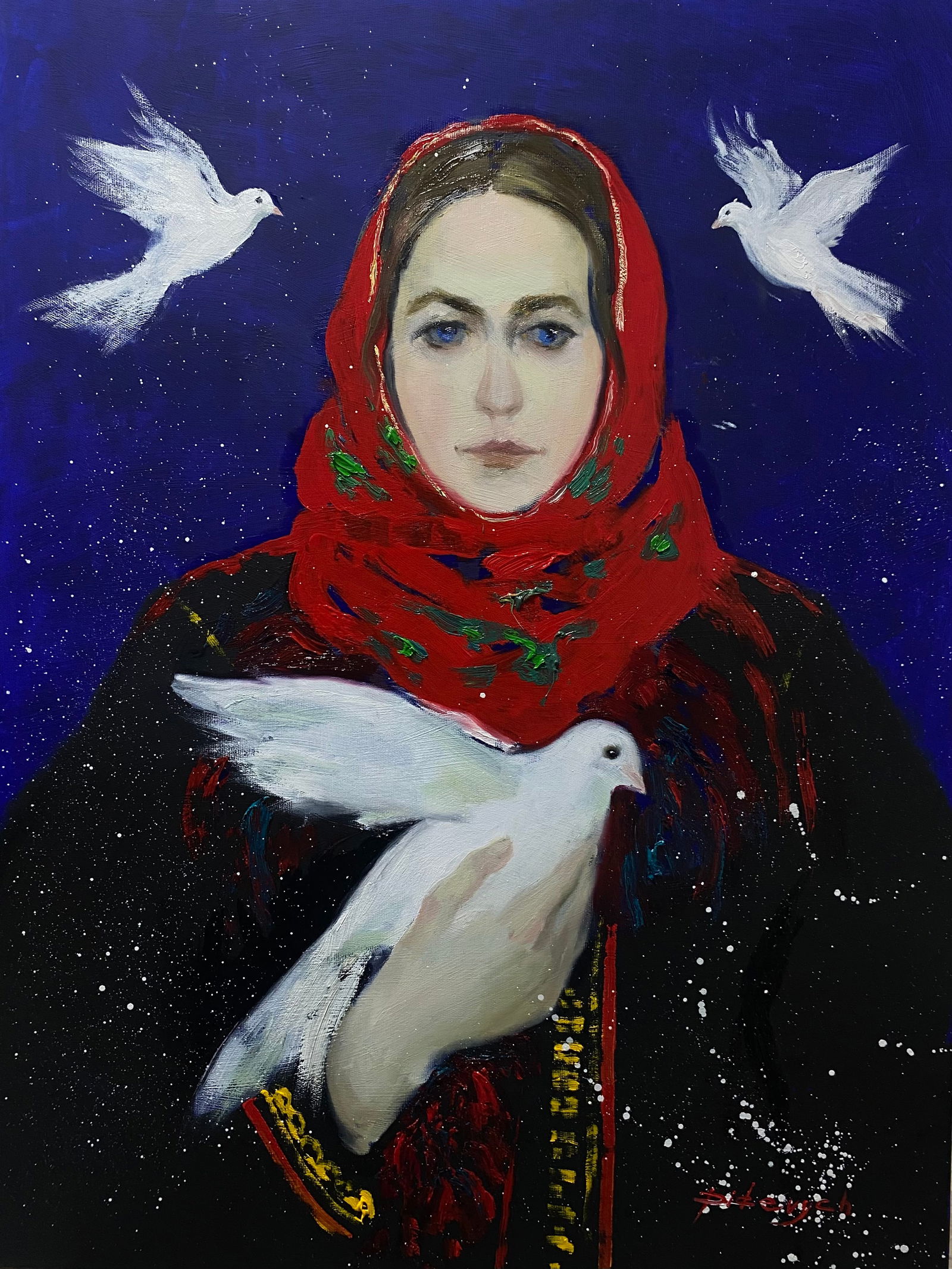 Oil painting Woman with a pigeon Yulia D.: Title: Oil painting Woman with a pigeon Yulia D. Description: 02YD Painter: Yulia D. Size: 80x60 cm/31.49x23.62 inches Components: oil, canvas Original painting from our collection ERA: 2025 Short inf