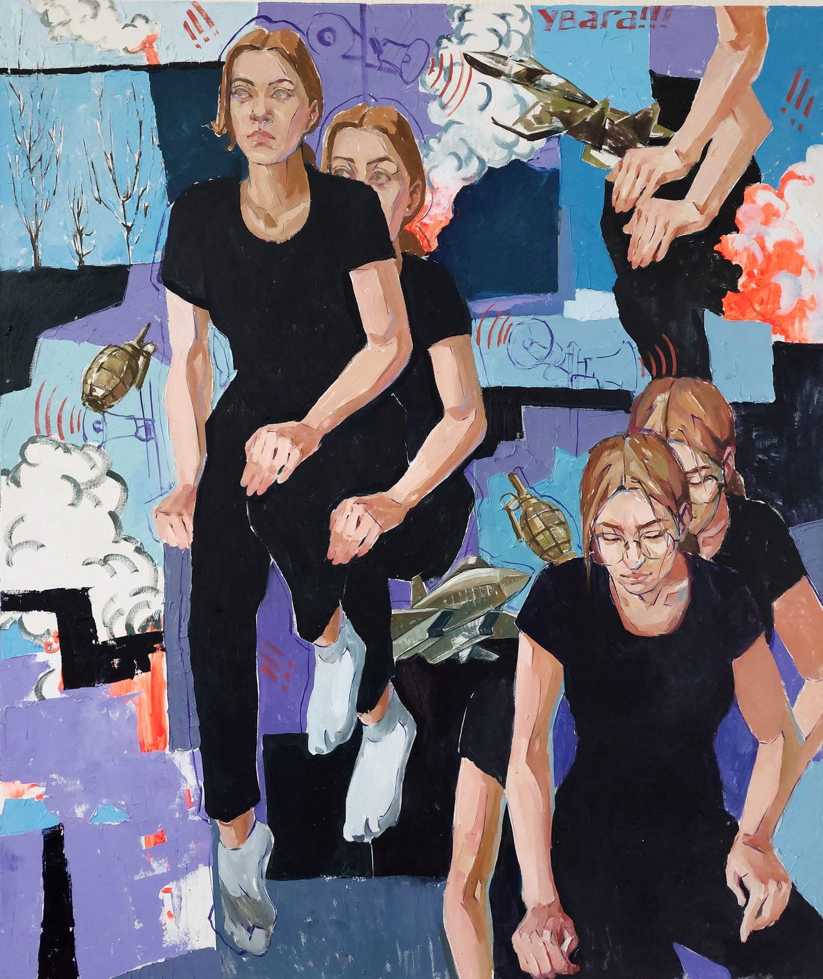 Oil painting Attention: Air raid alert Katya F: Title: Oil painting Attention: Air raid alert Katya F Description: 06Kt Painter: Katya F. Size: 105x90 cm/ 41.33x35.43 inches Components: oil, canvas Original painting CONDITION: exellent ERA: 