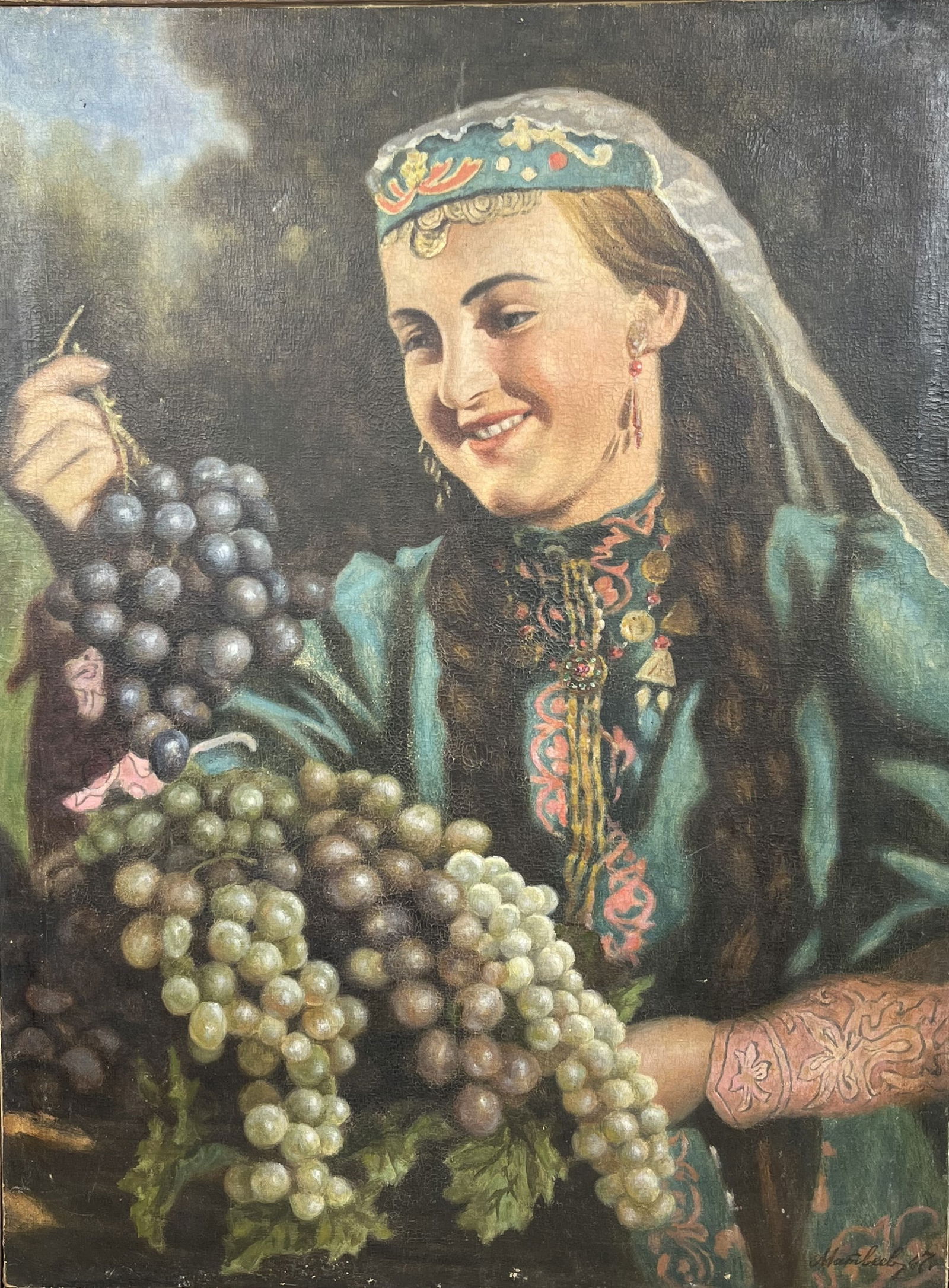 Oil painting Girl with grapes: Title: Oil painting Girl with grapes Description: 134AADuk Painter: Size: 60x80 cm/23,62x31,49 inches Components: oil, canvas Original painting from our collection ERA: Short information: Reserve: $73