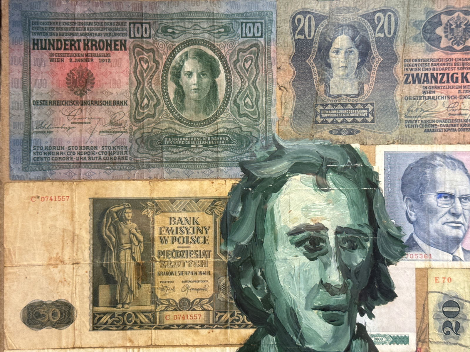 Oil painting with frame monetary collage K. Leonid - 3