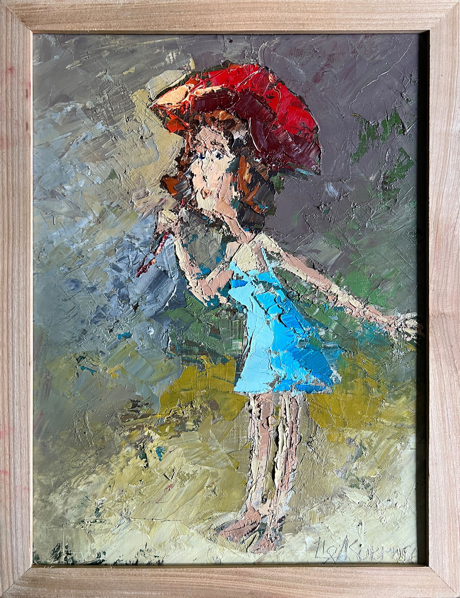 Oil painting with frame A girl with a red umbrella K. Leonid: Title: Oil painting with frame A girl with a red umbrella K. Leonid Description: 409KK Painter: K. Leonid Size: 40x30 cm/ 15.74x11.81 inches Components: oil, canvas, cardboardOriginal painting