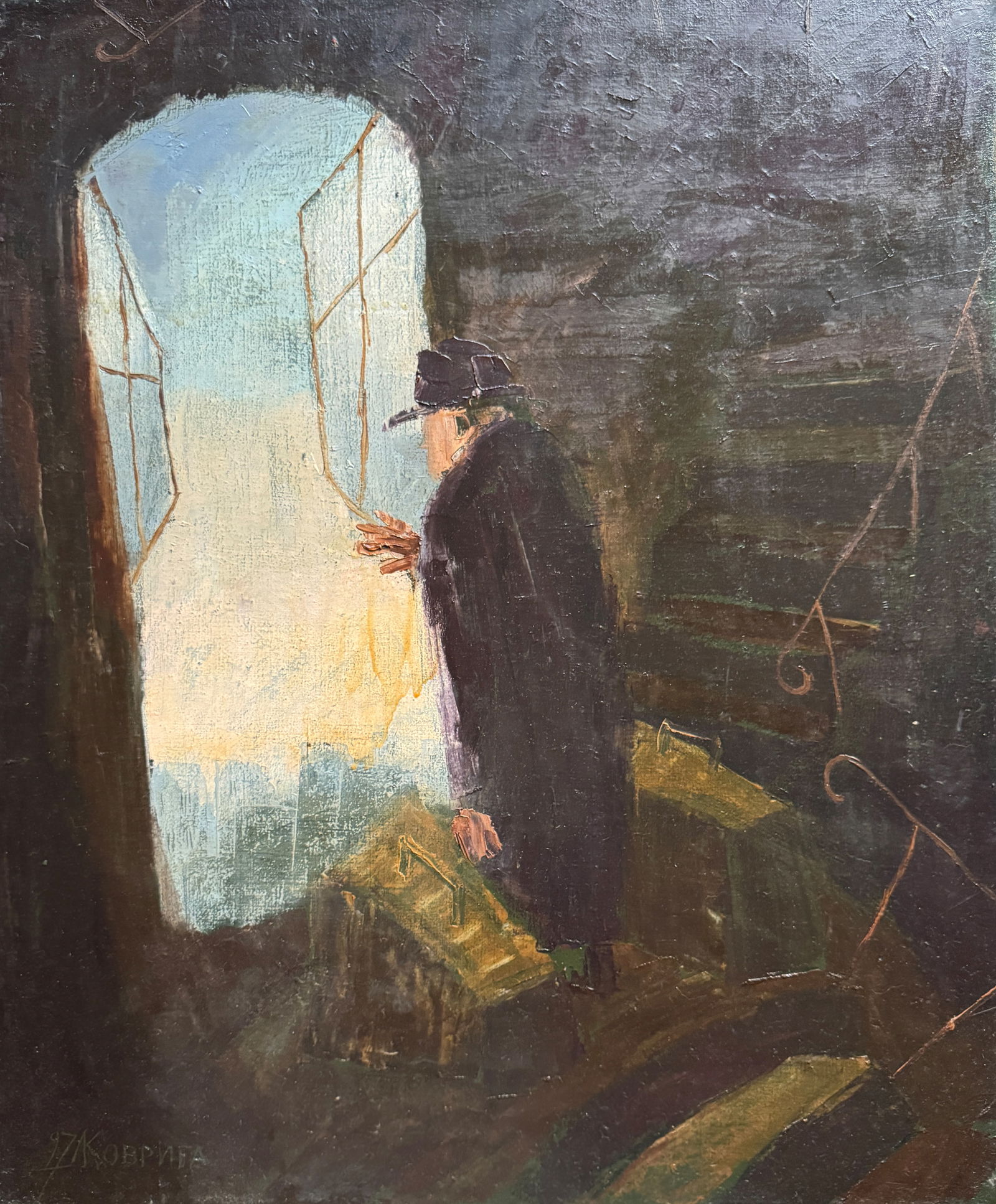 Oil painting with frame Goodbye K. Leonid: Title: Oil painting with frame Goodbye K. Leonid Description: 975KK Painter: K. Leonid Size: 60x50 cm/ 23.62x19.68 inches Components: oil, canvas Original painting CONDITION: exellent ERA:1997ARTIST:B