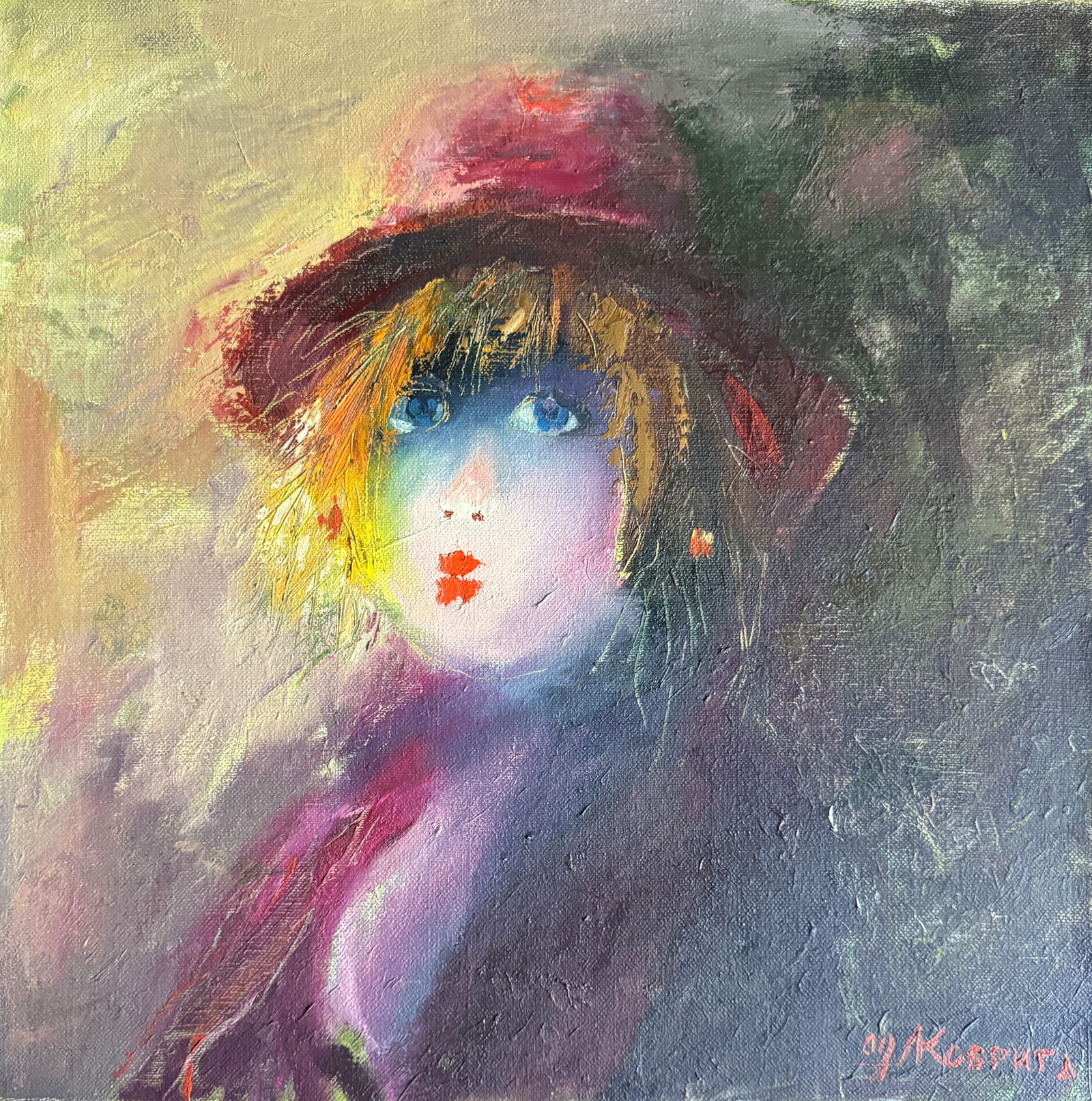 Abstract Oil painting with frame red hat K. Leonid: Title: Abstract Oil painting with frame red hat K. Leonid Description: 1180KK Painter: K. Leonid Size: 60x60 cm/ 23.62x23.62 inches Components: oil, canvas Original painting CONDITION: exellent ERA:20