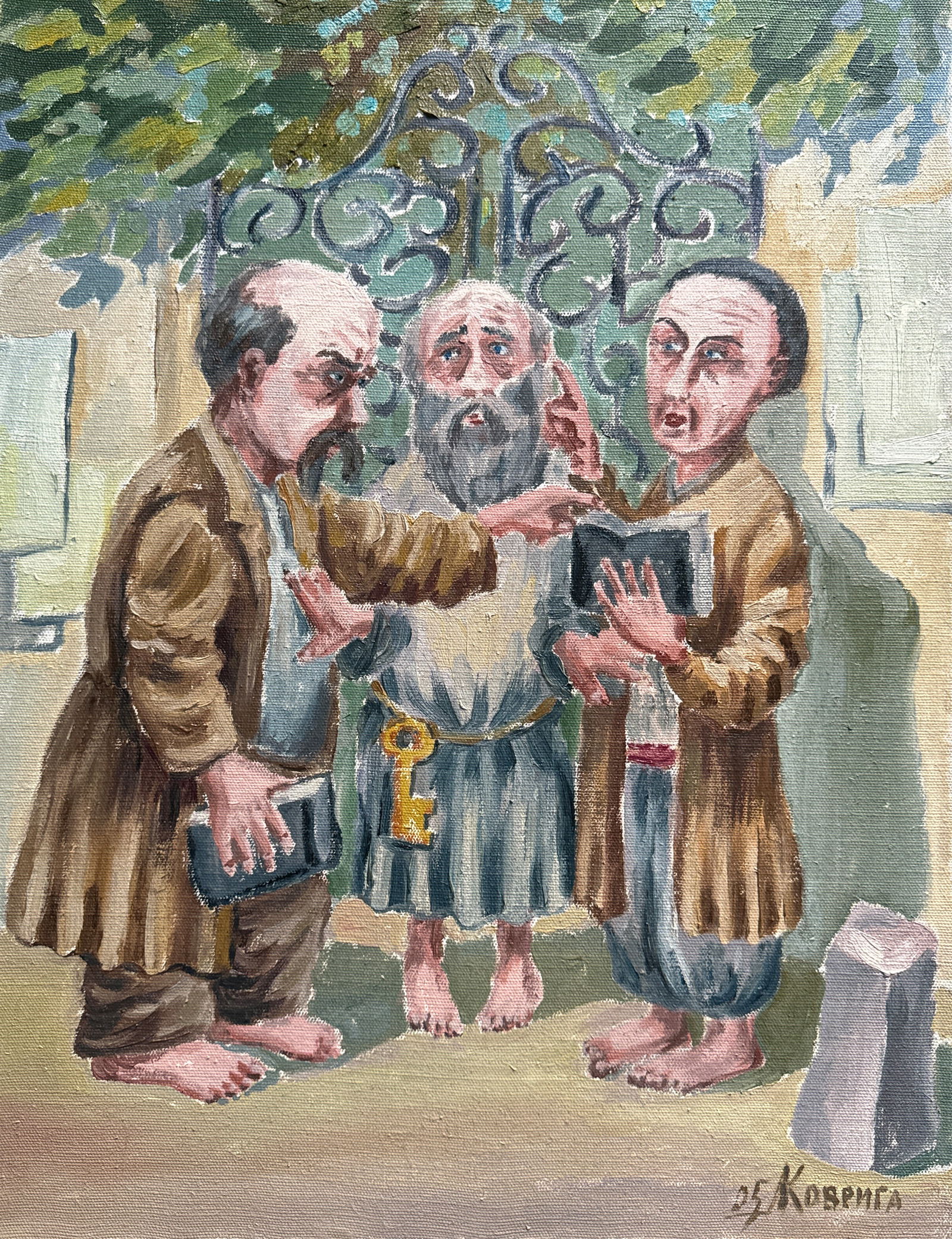 Oil painting with frame at the gate K. Leonid: Title: Oil painting with frame at the gate K. Leonid Description: 1183KK Painter: K. Leonid Size: 65x50 cm/ 25.59x19.68 inches Components: oil, canvas Original painting CONDITION: exellent