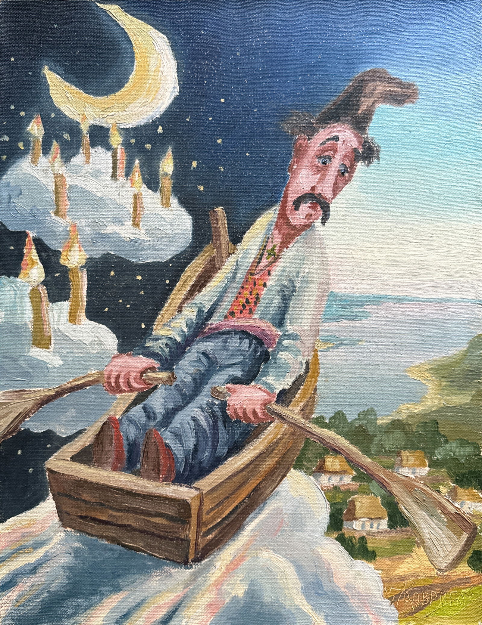 Oil painting with frame Flying ship K. Leonid: Title: Oil painting with frame Flying ship K. Leonid Description: 1185KK Painter: K. Leonid Size: 65x50 cm/ 25.59x19.68 inches Components: oil, canvas Original painting CONDITION: exellent ERA:2005ART