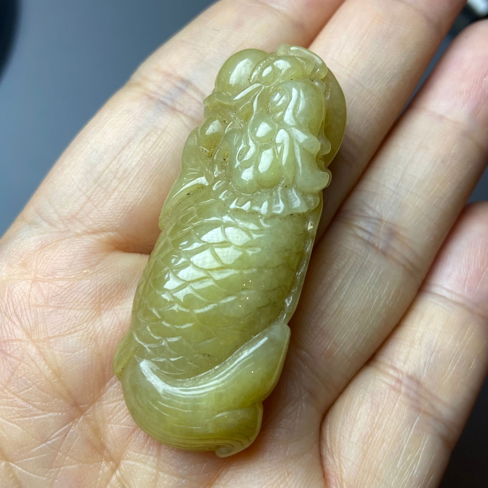 Antique Chinese Grade A Yellow Jadeite Jade statue caved Dragon Fish - 10