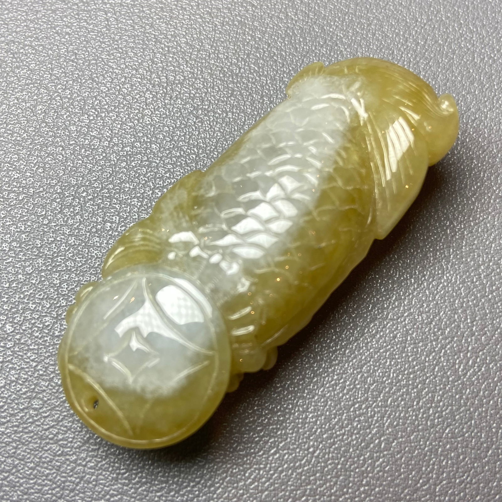 Antique Chinese Grade A Yellow Jadeite Jade statue caved Dragon Fish - 4